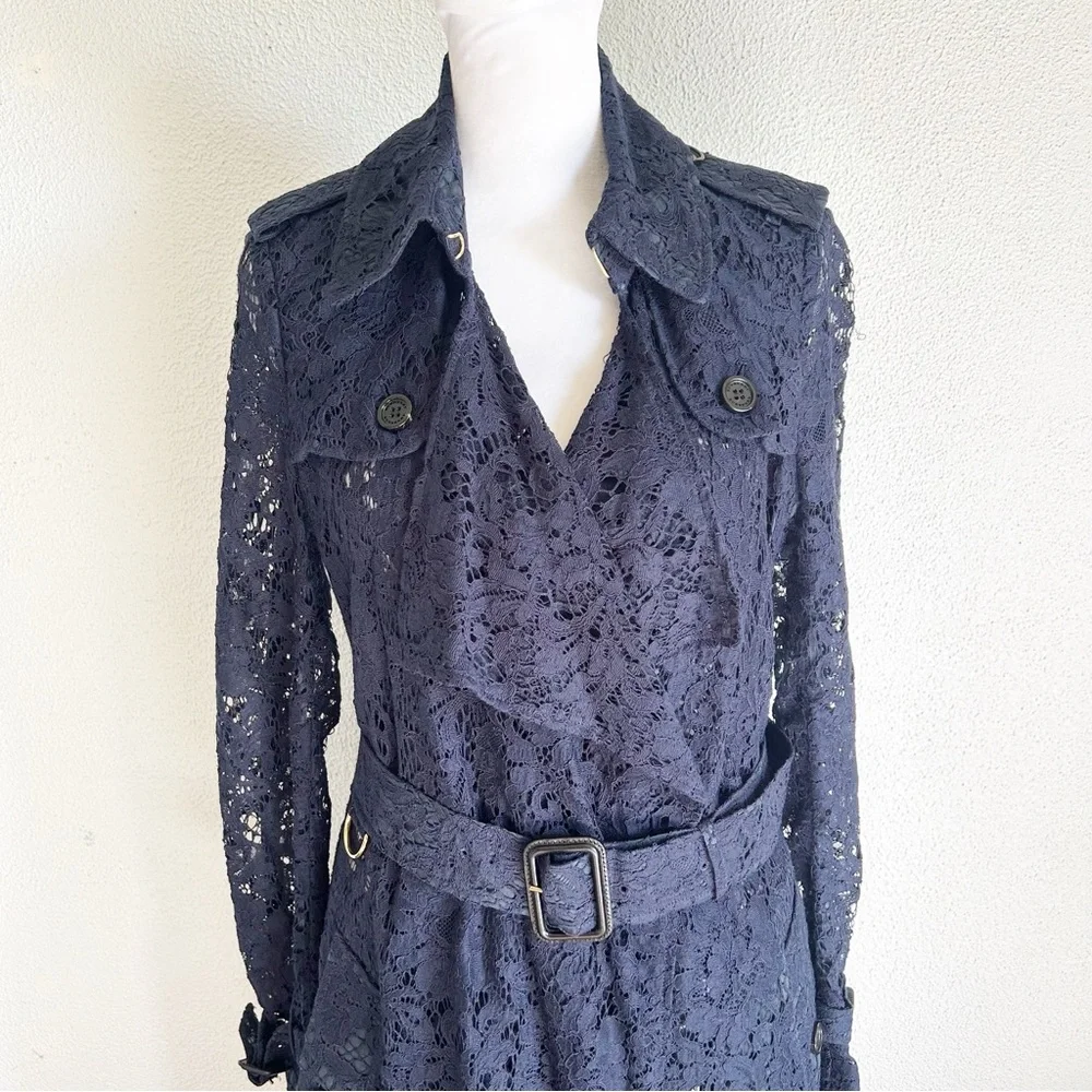 Burberry London Gracehill Navy Blue Lace Trench Coat Size 2 - Picture 3 of 14
